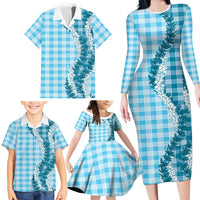 Blue Hawaii Palaka Family Matching Long Sleeve Bodycon Dress and Hawaiian Shirt Hawaiian Honohono Lei