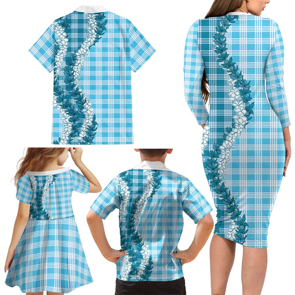 Blue Hawaii Palaka Family Matching Long Sleeve Bodycon Dress and Hawaiian Shirt Hawaiian Honohono Lei