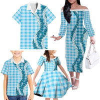 Blue Hawaii Palaka Family Matching Off The Shoulder Long Sleeve Dress and Hawaiian Shirt Hawaiian Honohono Lei