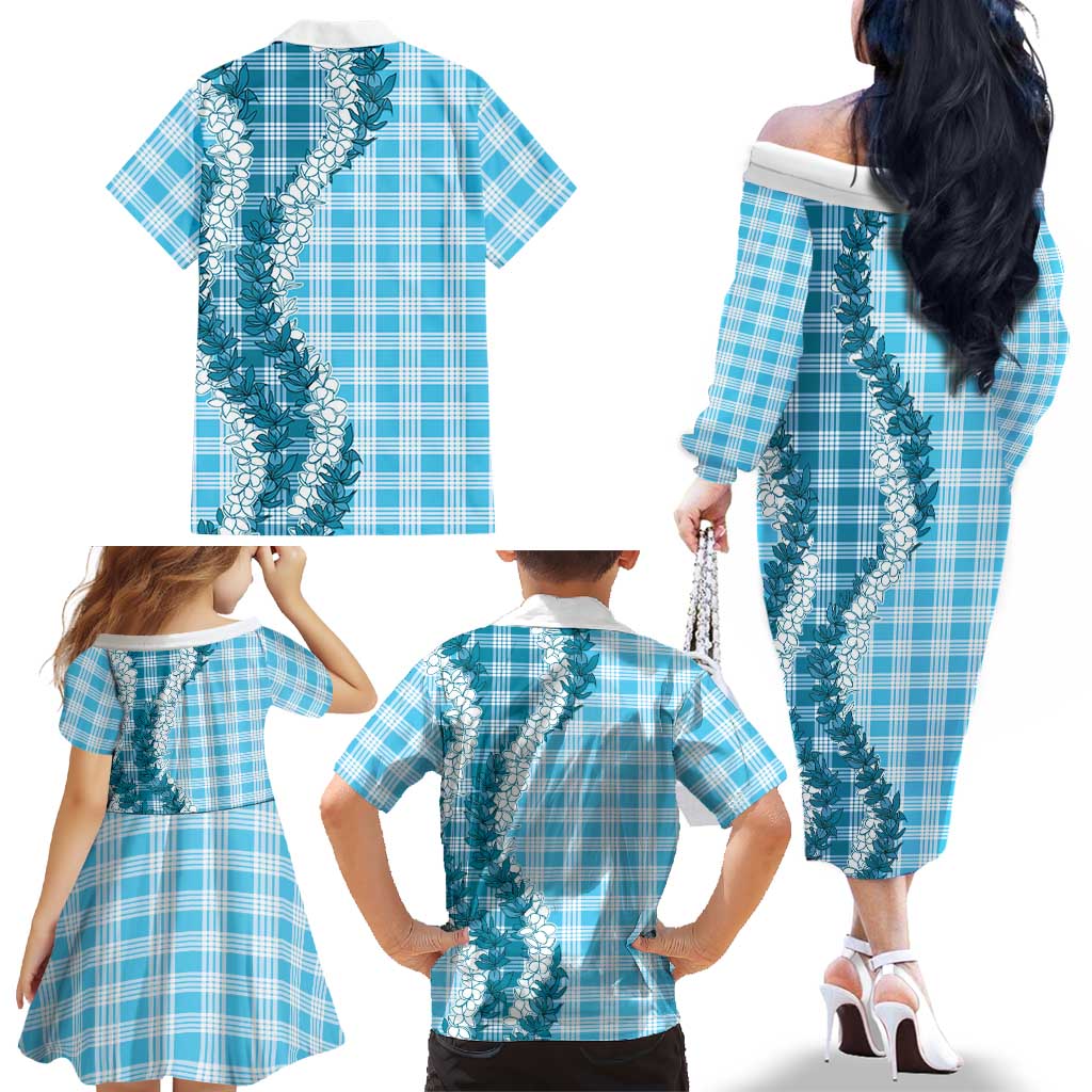 Blue Hawaii Palaka Family Matching Off The Shoulder Long Sleeve Dress and Hawaiian Shirt Hawaiian Honohono Lei