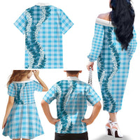 Blue Hawaii Palaka Family Matching Off The Shoulder Long Sleeve Dress and Hawaiian Shirt Hawaiian Honohono Lei