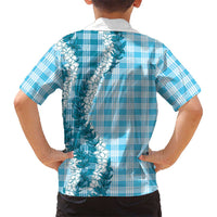 Blue Hawaii Palaka Family Matching Off Shoulder Short Dress and Hawaiian Shirt Hawaiian Honohono Lei