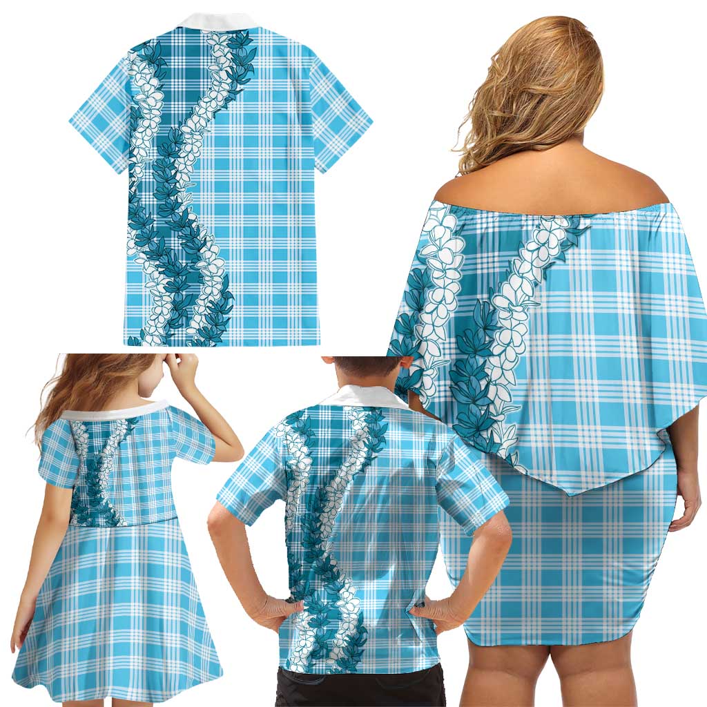 Blue Hawaii Palaka Family Matching Off Shoulder Short Dress and Hawaiian Shirt Hawaiian Honohono Lei