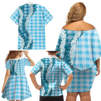 Blue Hawaii Palaka Family Matching Off Shoulder Short Dress and Hawaiian Shirt Hawaiian Honohono Lei