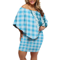 Blue Hawaii Palaka Family Matching Off Shoulder Short Dress and Hawaiian Shirt Hawaiian Honohono Lei