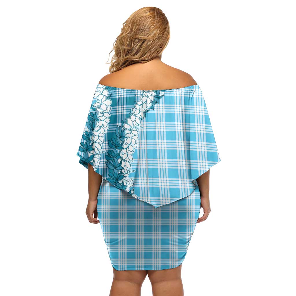 Blue Hawaii Palaka Family Matching Off Shoulder Short Dress and Hawaiian Shirt Hawaiian Honohono Lei