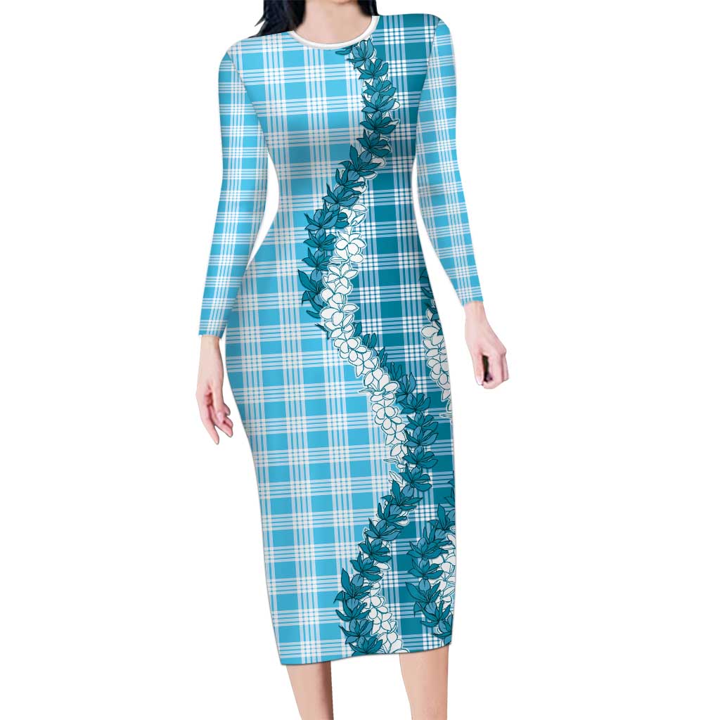 Blue Hawaii Palaka Long Sleeve Bodycon Dress Hawaiian Honohono Lei LT05 Long Dress Blue - Polynesian Pride