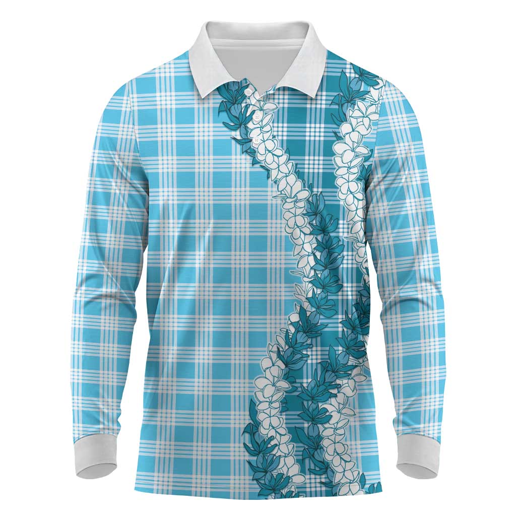 Blue Hawaii Palaka Long Sleeve Polo Shirt Hawaiian Honohono Lei LT05 Blue - Polynesian Pride