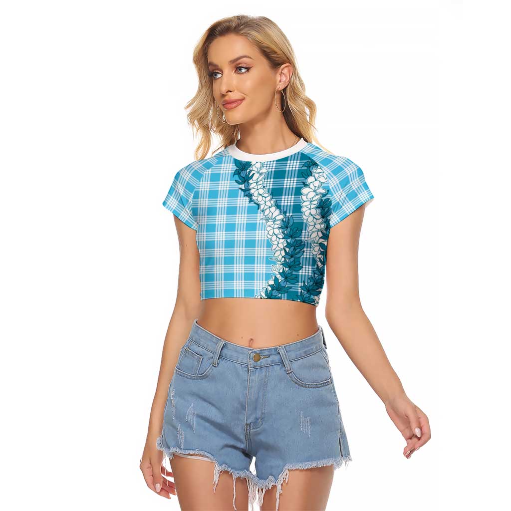 Blue Hawaii Palaka Raglan Cropped T Shirt Hawaiian Honohono Lei LT05 Female Blue - Polynesian Pride