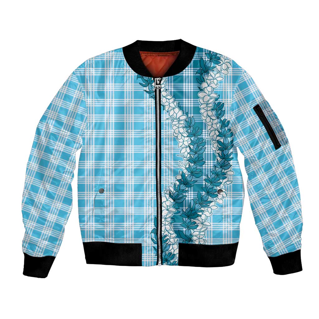 Blue Hawaii Palaka Sleeve Zip Bomber Jacket Hawaiian Honohono Lei LT05 Unisex Blue - Polynesian Pride