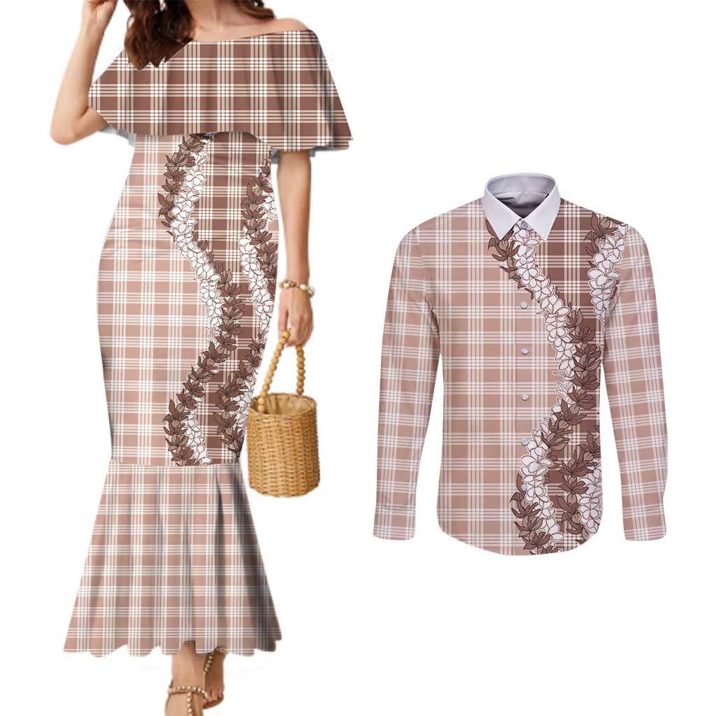 Beige Hawaii Palaka Couples Matching Mermaid Dress and Long Sleeve Button Shirt Hawaiian Honohono Lei