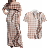 Beige Hawaii Palaka Couples Matching Off Shoulder Maxi Dress and Hawaiian Shirt Hawaiian Honohono Lei