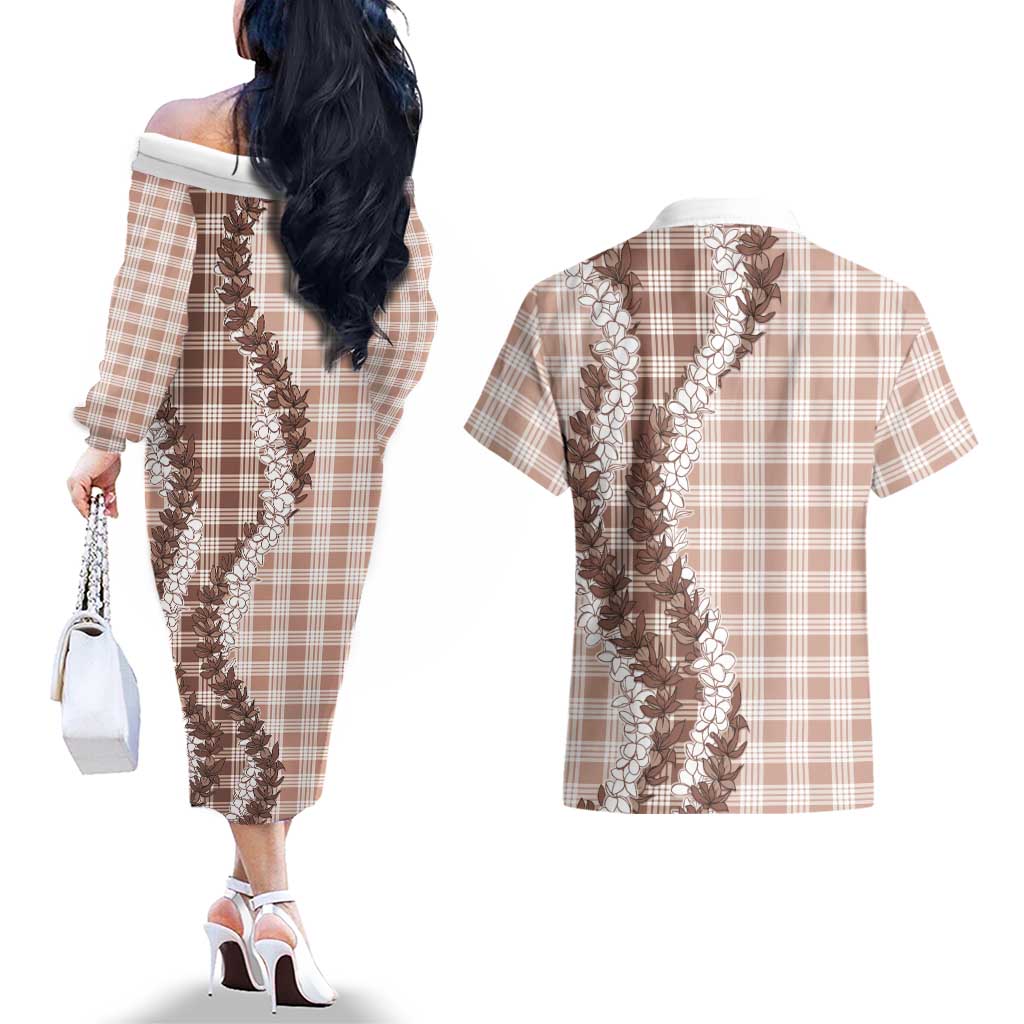 Beige Hawaii Palaka Couples Matching Off The Shoulder Long Sleeve Dress and Hawaiian Shirt Hawaiian Honohono Lei