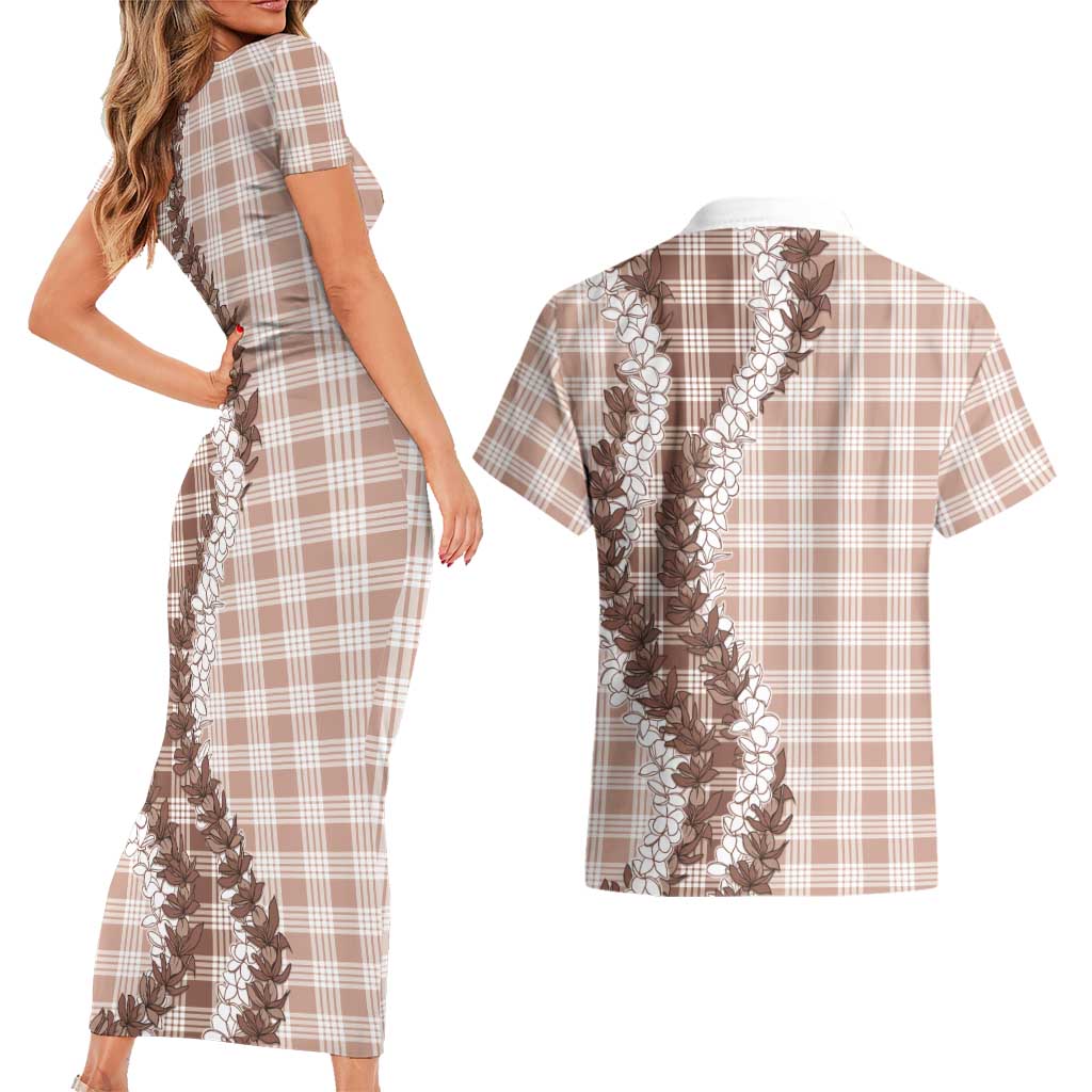 Beige Hawaii Palaka Couples Matching Short Sleeve Bodycon Dress and Hawaiian Shirt Hawaiian Honohono Lei