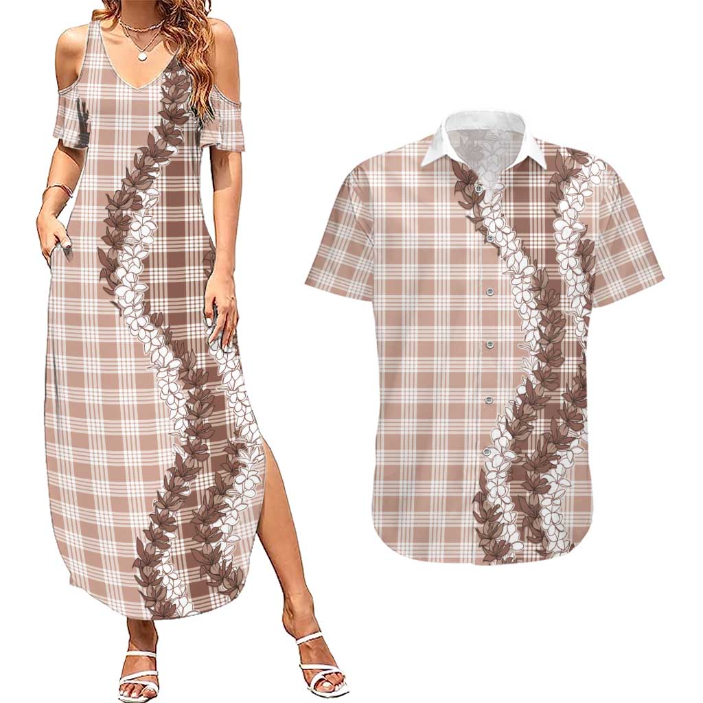 Beige Hawaii Palaka Couples Matching Summer Maxi Dress and Hawaiian Shirt Hawaiian Honohono Lei