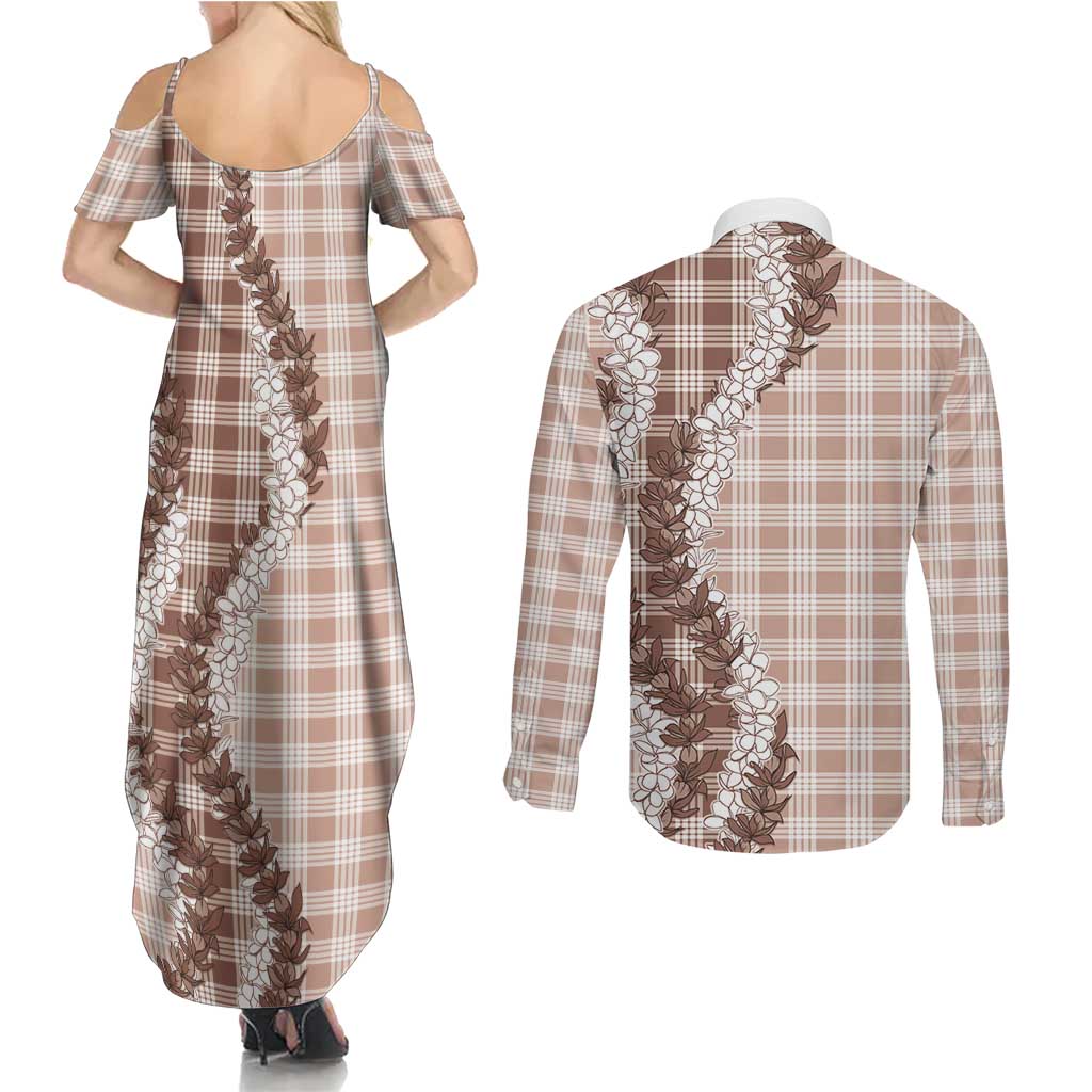 Beige Hawaii Palaka Couples Matching Summer Maxi Dress and Long Sleeve Button Shirt Hawaiian Honohono Lei