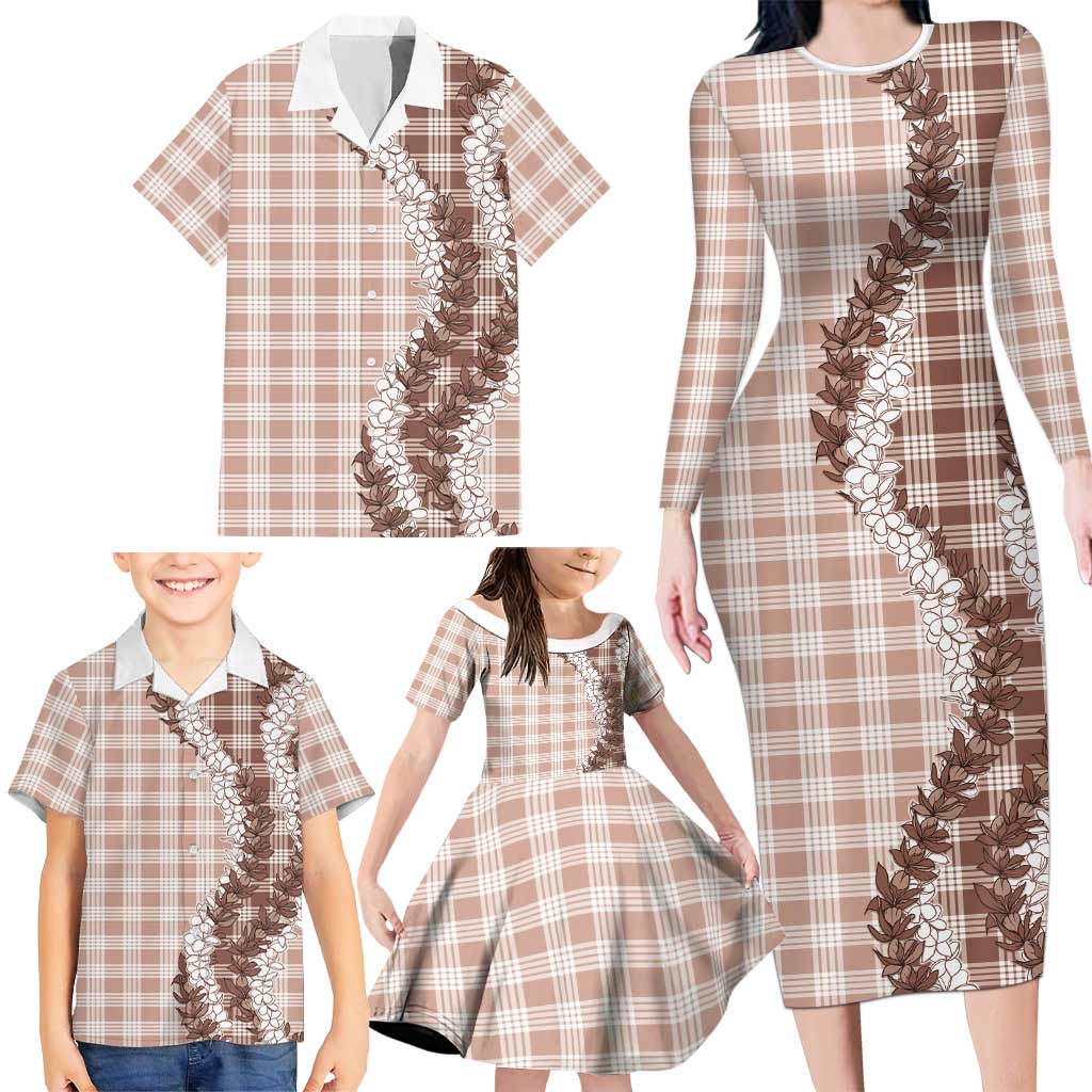 Beige Hawaii Palaka Family Matching Long Sleeve Bodycon Dress and Hawaiian Shirt Hawaiian Honohono Lei LT05 - Polynesian Pride