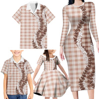 Beige Hawaii Palaka Family Matching Long Sleeve Bodycon Dress and Hawaiian Shirt Hawaiian Honohono Lei