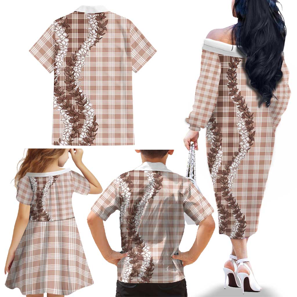 Beige Hawaii Palaka Family Matching Off The Shoulder Long Sleeve Dress and Hawaiian Shirt Hawaiian Honohono Lei