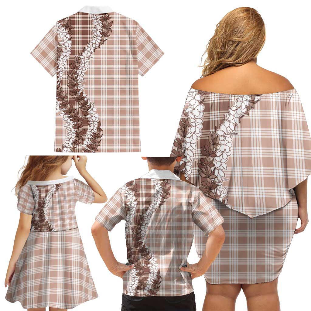 Beige Hawaii Palaka Family Matching Off Shoulder Short Dress and Hawaiian Shirt Hawaiian Honohono Lei