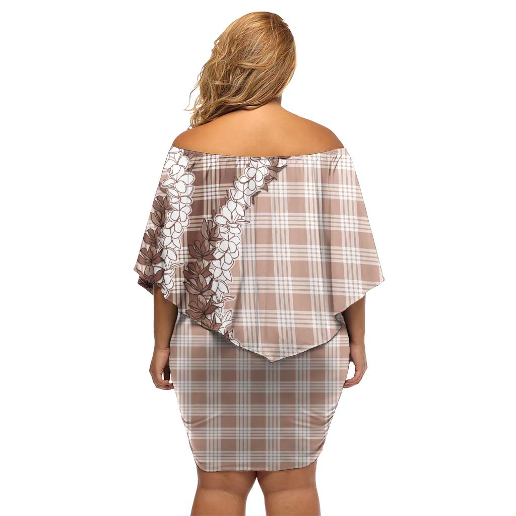 Beige Hawaii Palaka Family Matching Off Shoulder Short Dress and Hawaiian Shirt Hawaiian Honohono Lei