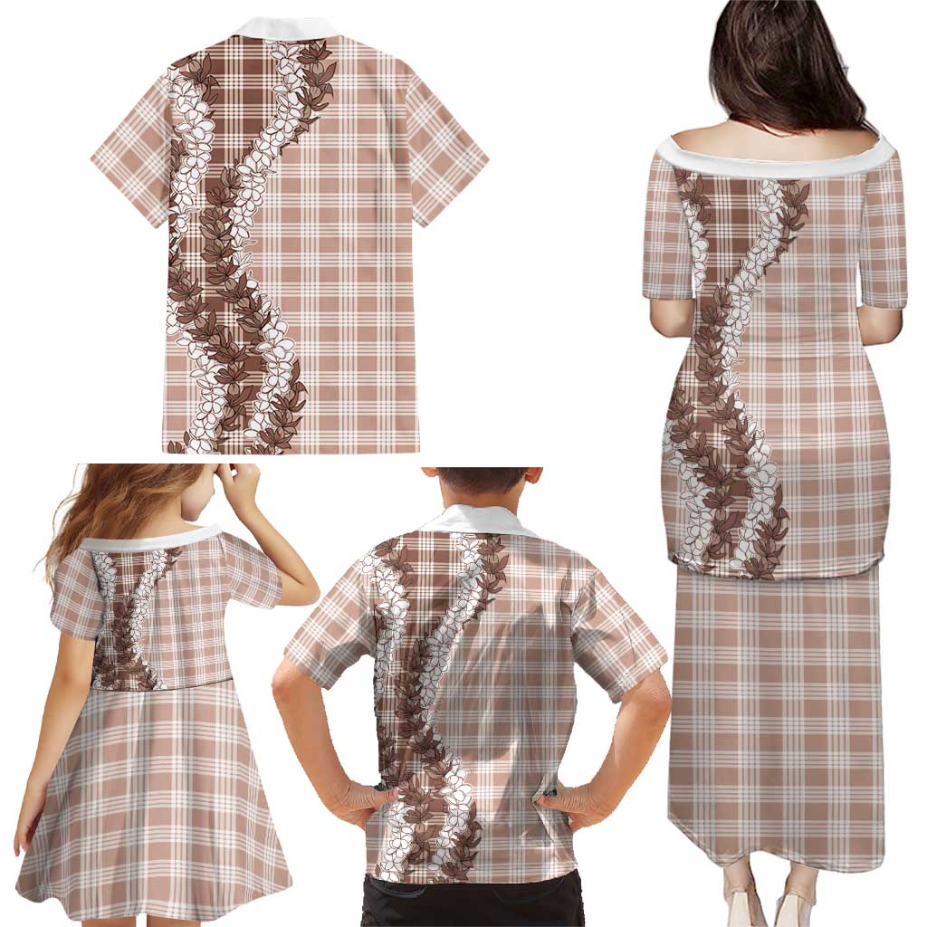 Beige Hawaii Palaka Family Matching Puletasi and Hawaiian Shirt Hawaiian Honohono Lei