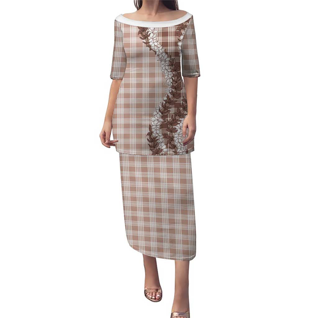 Beige Hawaii Palaka Family Matching Puletasi and Hawaiian Shirt Hawaiian Honohono Lei