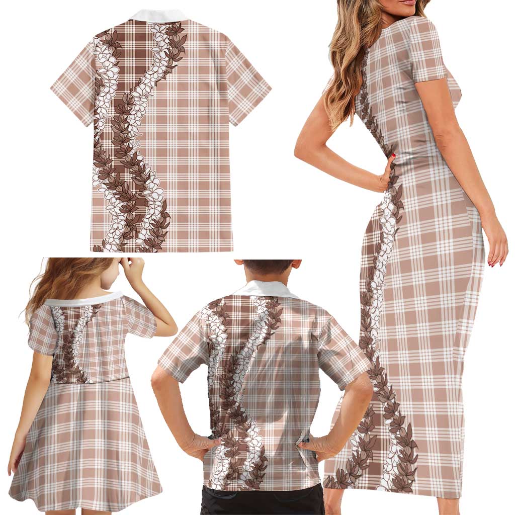 Beige Hawaii Palaka Family Matching Short Sleeve Bodycon Dress and Hawaiian Shirt Hawaiian Honohono Lei