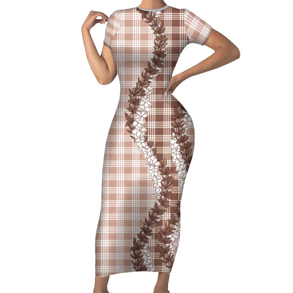 Beige Hawaii Palaka Family Matching Short Sleeve Bodycon Dress and Hawaiian Shirt Hawaiian Honohono Lei