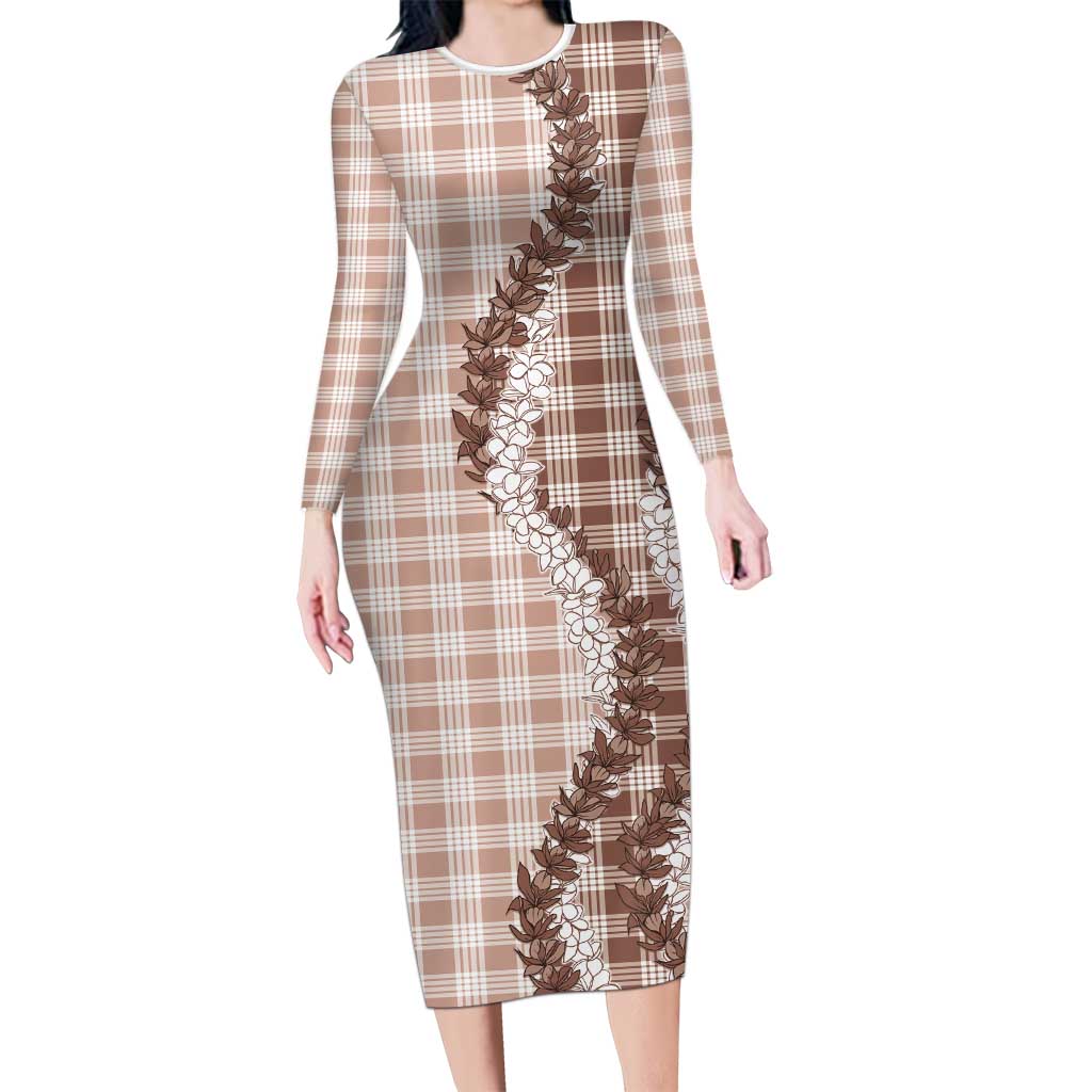 Beige Hawaii Palaka Long Sleeve Bodycon Dress Hawaiian Honohono Lei LT05 Long Dress Beige - Polynesian Pride