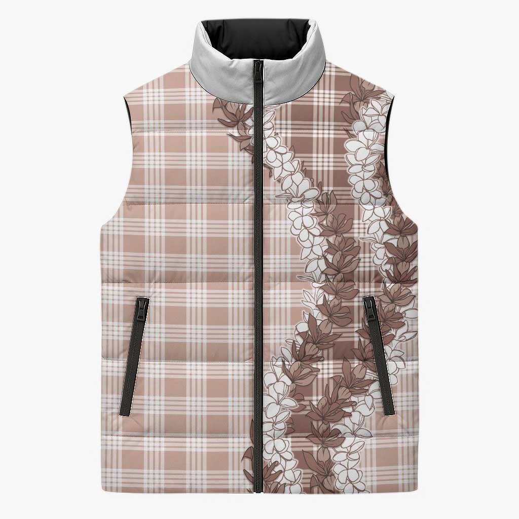 Beige Hawaii Palaka Sleeveless Puffer Jacket Hawaiian Honohono Lei
