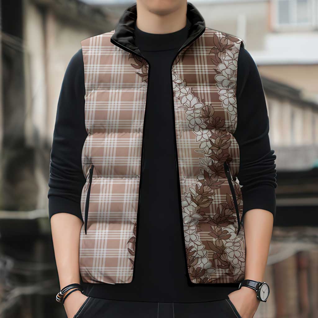 Beige Hawaii Palaka Sleeveless Puffer Jacket Hawaiian Honohono Lei