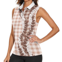 Beige Hawaii Palaka Women Sleeveless Polo Shirt Hawaiian Honohono Lei