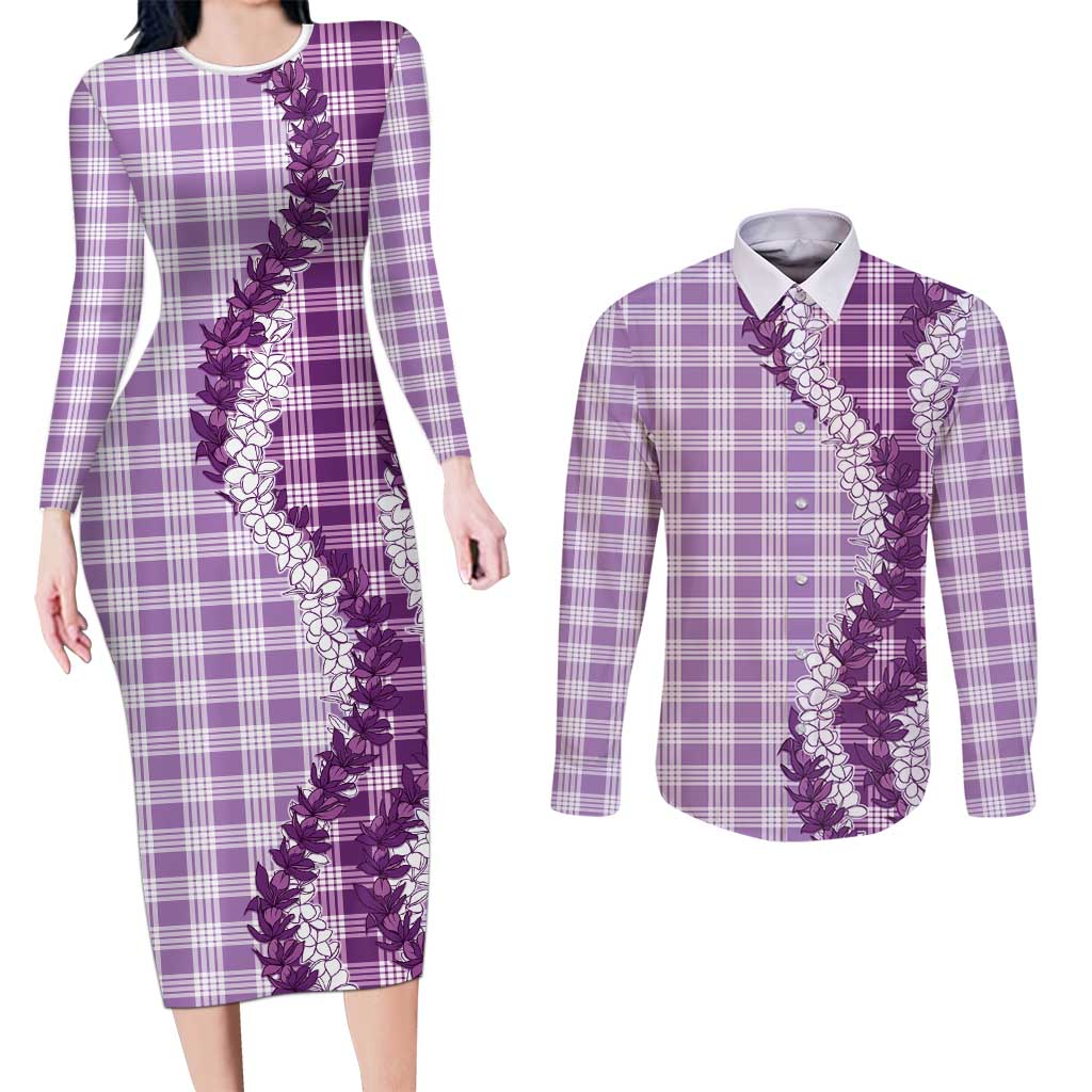 Violet Hawaii Palaka Couples Matching Long Sleeve Bodycon Dress and Long Sleeve Button Shirt Hawaiian Honohono Lei