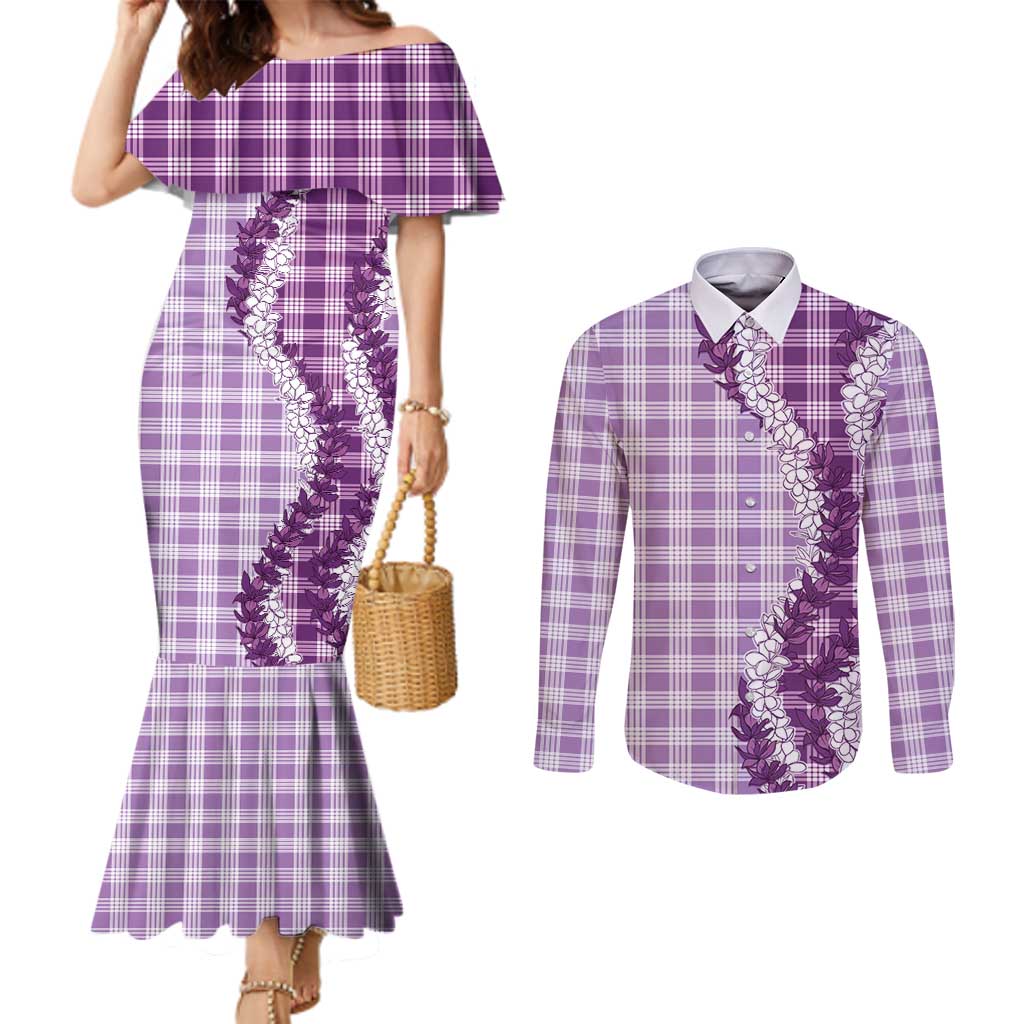 Violet Hawaii Palaka Couples Matching Mermaid Dress and Long Sleeve Button Shirt Hawaiian Honohono Lei LT05 Violet - Polynesian Pride