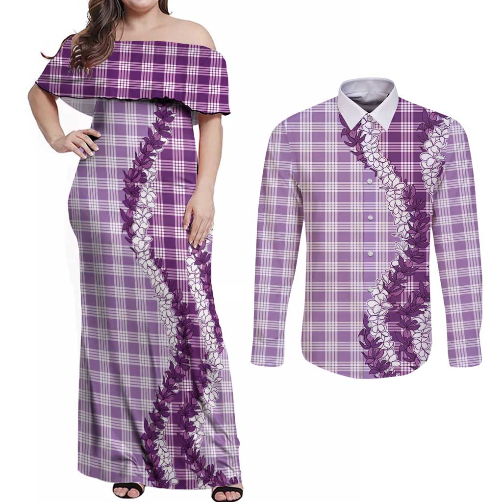 Violet Hawaii Palaka Couples Matching Off Shoulder Maxi Dress and Long Sleeve Button Shirt Hawaiian Honohono Lei LT05 Violet - Polynesian Pride