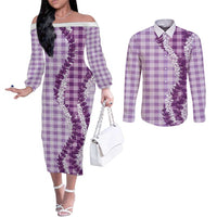 Violet Hawaii Palaka Couples Matching Off The Shoulder Long Sleeve Dress and Long Sleeve Button Shirt Hawaiian Honohono Lei