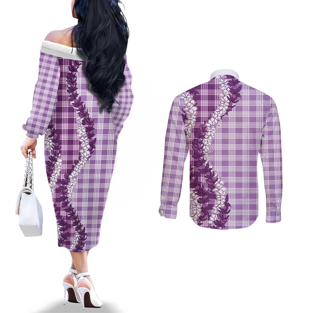 Violet Hawaii Palaka Couples Matching Off The Shoulder Long Sleeve Dress and Long Sleeve Button Shirt Hawaiian Honohono Lei