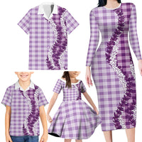 Violet Hawaii Palaka Family Matching Long Sleeve Bodycon Dress and Hawaiian Shirt Hawaiian Honohono Lei
