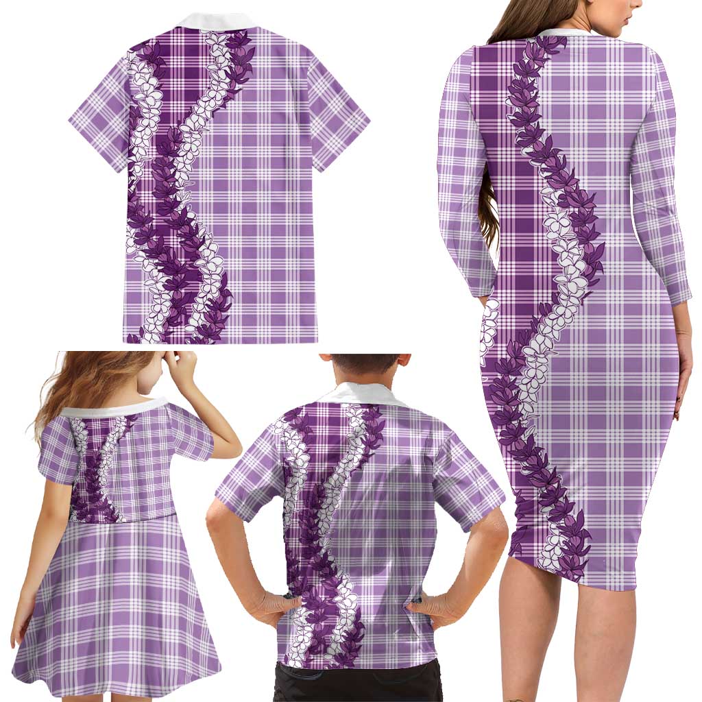 Violet Hawaii Palaka Family Matching Long Sleeve Bodycon Dress and Hawaiian Shirt Hawaiian Honohono Lei
