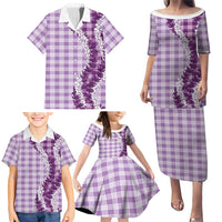 Violet Hawaii Palaka Family Matching Puletasi and Hawaiian Shirt Hawaiian Honohono Lei
