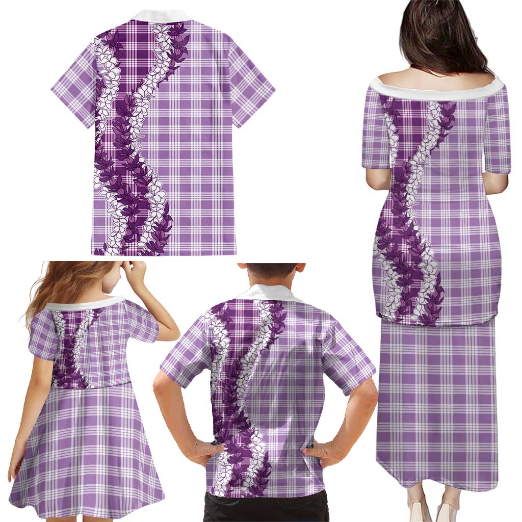 Violet Hawaii Palaka Family Matching Puletasi and Hawaiian Shirt Hawaiian Honohono Lei