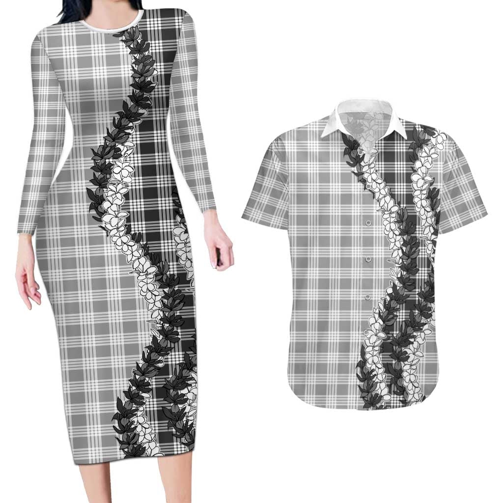 Gray Hawaii Palaka Couples Matching Long Sleeve Bodycon Dress and Hawaiian Shirt Hawaiian Honohono Lei LT05 Gray - Polynesian Pride