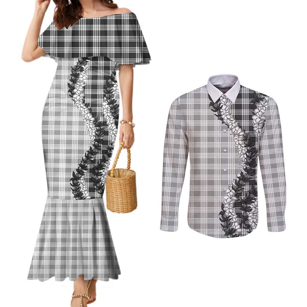 Gray Hawaii Palaka Couples Matching Mermaid Dress and Long Sleeve Button Shirt Hawaiian Honohono Lei