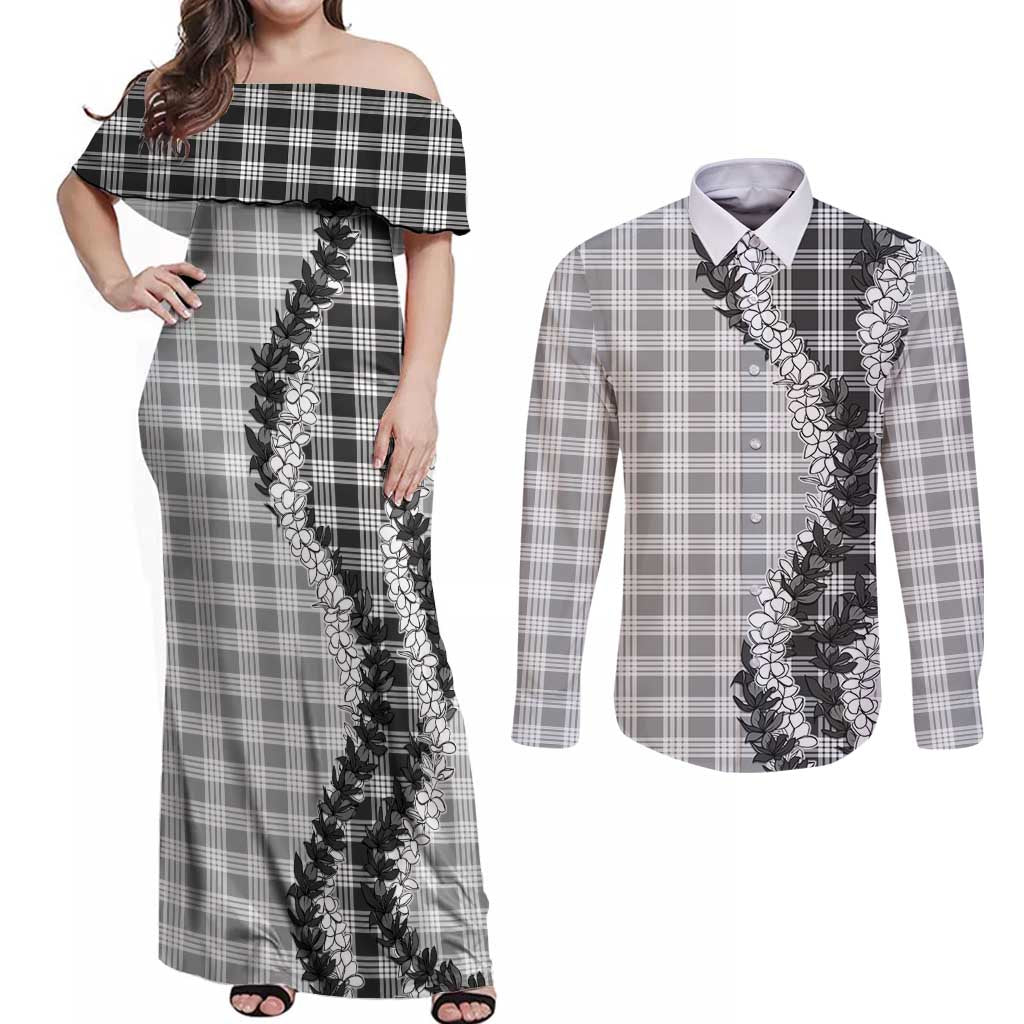 Gray Hawaii Palaka Couples Matching Off Shoulder Maxi Dress and Long Sleeve Button Shirt Hawaiian Honohono Lei