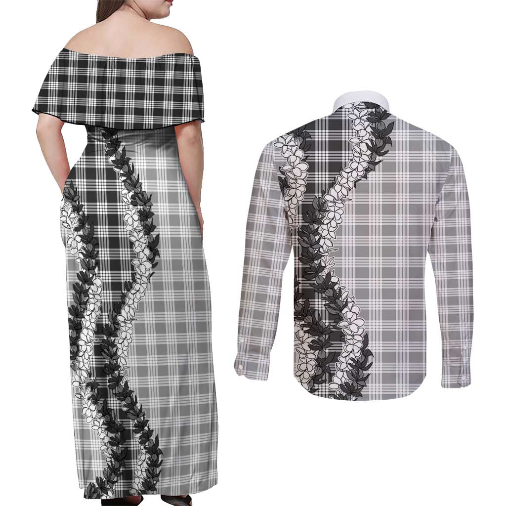 Gray Hawaii Palaka Couples Matching Off Shoulder Maxi Dress and Long Sleeve Button Shirt Hawaiian Honohono Lei