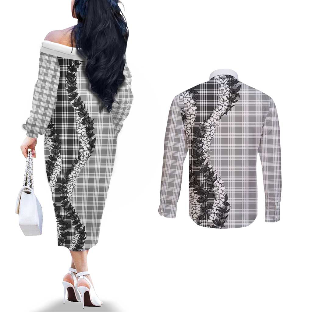 Gray Hawaii Palaka Couples Matching Off The Shoulder Long Sleeve Dress and Long Sleeve Button Shirt Hawaiian Honohono Lei