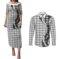 Gray Hawaii Palaka Couples Matching Puletasi and Long Sleeve Button Shirt Hawaiian Honohono Lei LT05 Gray - Polynesian Pride