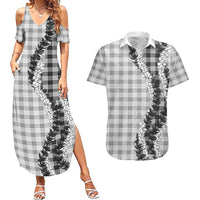 Gray Hawaii Palaka Couples Matching Summer Maxi Dress and Hawaiian Shirt Hawaiian Honohono Lei