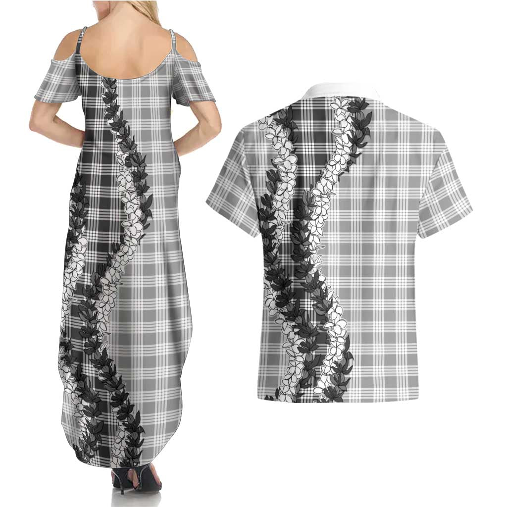 Gray Hawaii Palaka Couples Matching Summer Maxi Dress and Hawaiian Shirt Hawaiian Honohono Lei